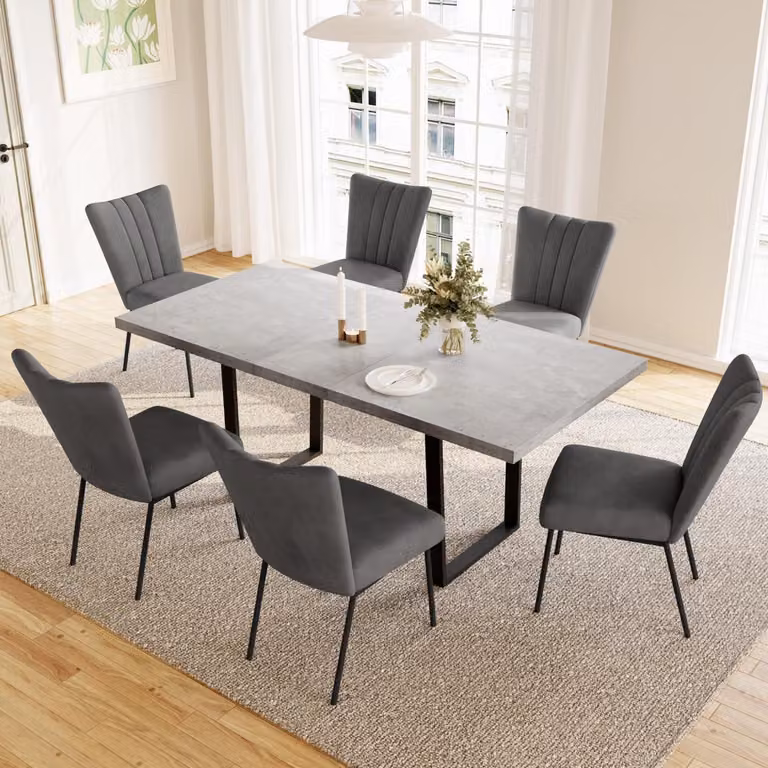 Tavolo da pranzo allungabile con 6 sedie, dimensioni 130-170 cm, colore grigio, realizzato in MDF