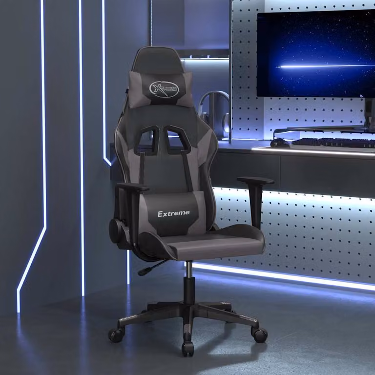 Sedia da Gaming vidaXL in Similpelle con Massaggio, Nera e Grigia, con Braccioli e Ruote, Girevole a 360 Gradi