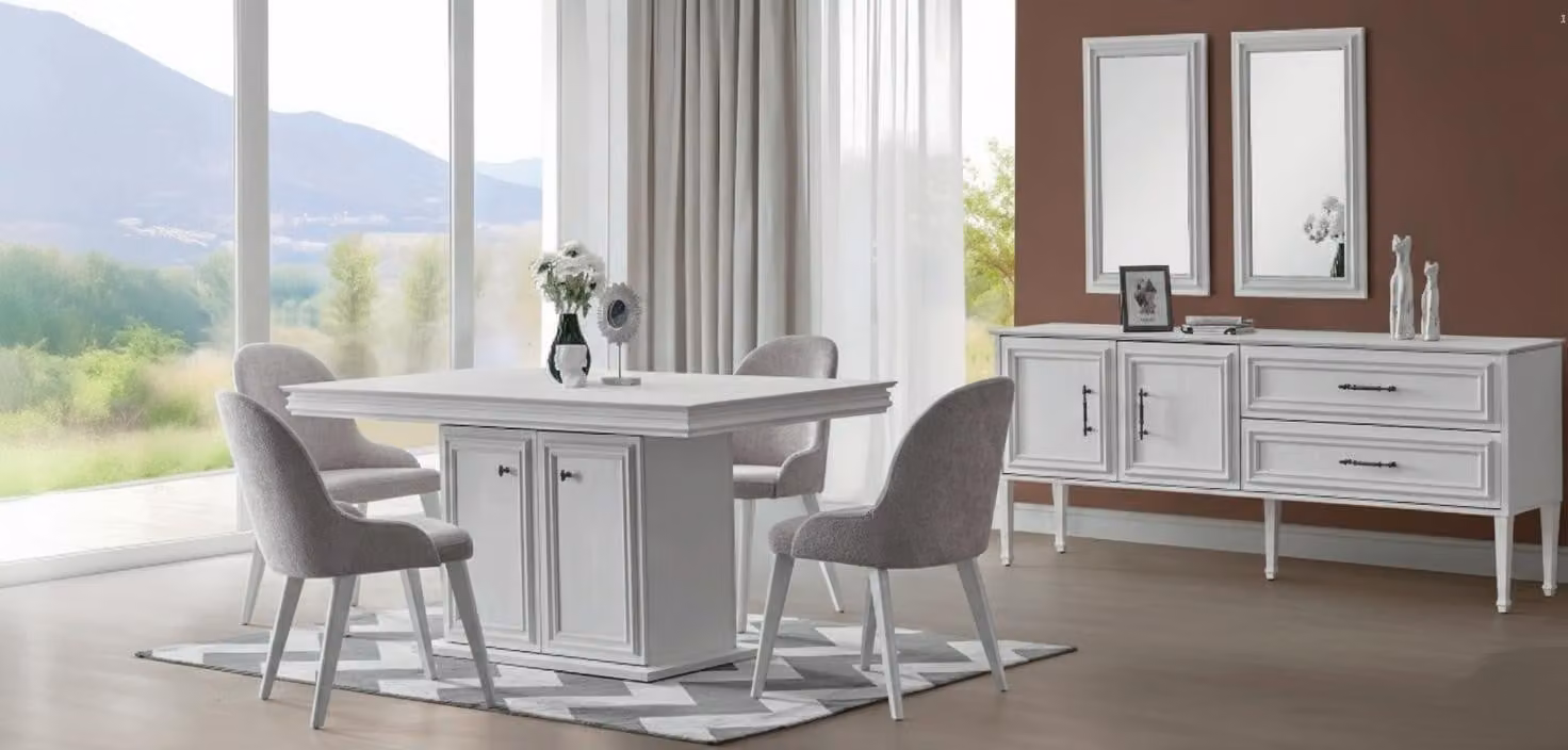 Set elegante da pranzo composto da: tavolo, 4 sedie e credenza