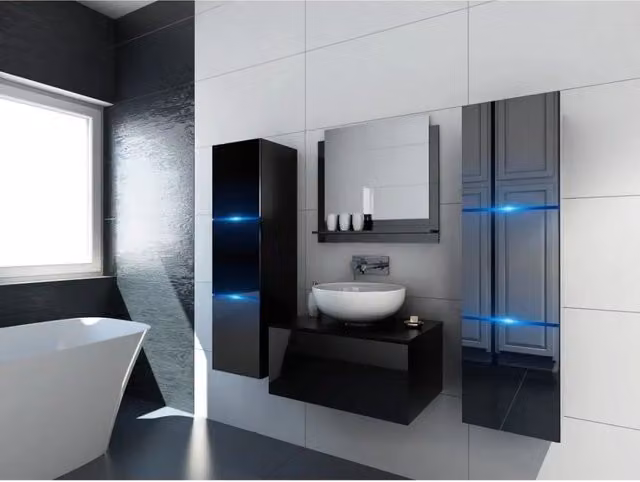 Set mobili bagno nero collezione OWL. 2 colonne, mobile sottolavabo, specchio