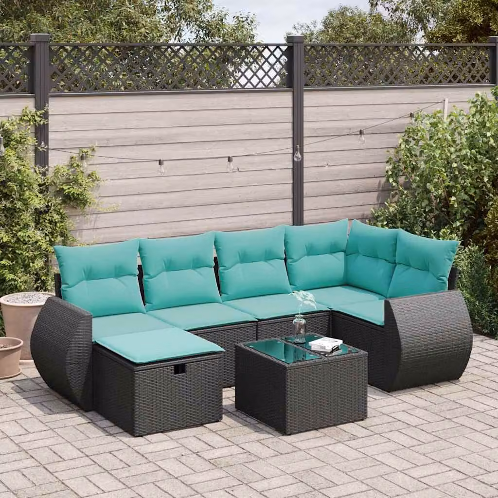 Set Divano da Giardino a L vidaXL con 7 Pezzi, Polyrattan e Cuscini Imbottiti, Colore Nero