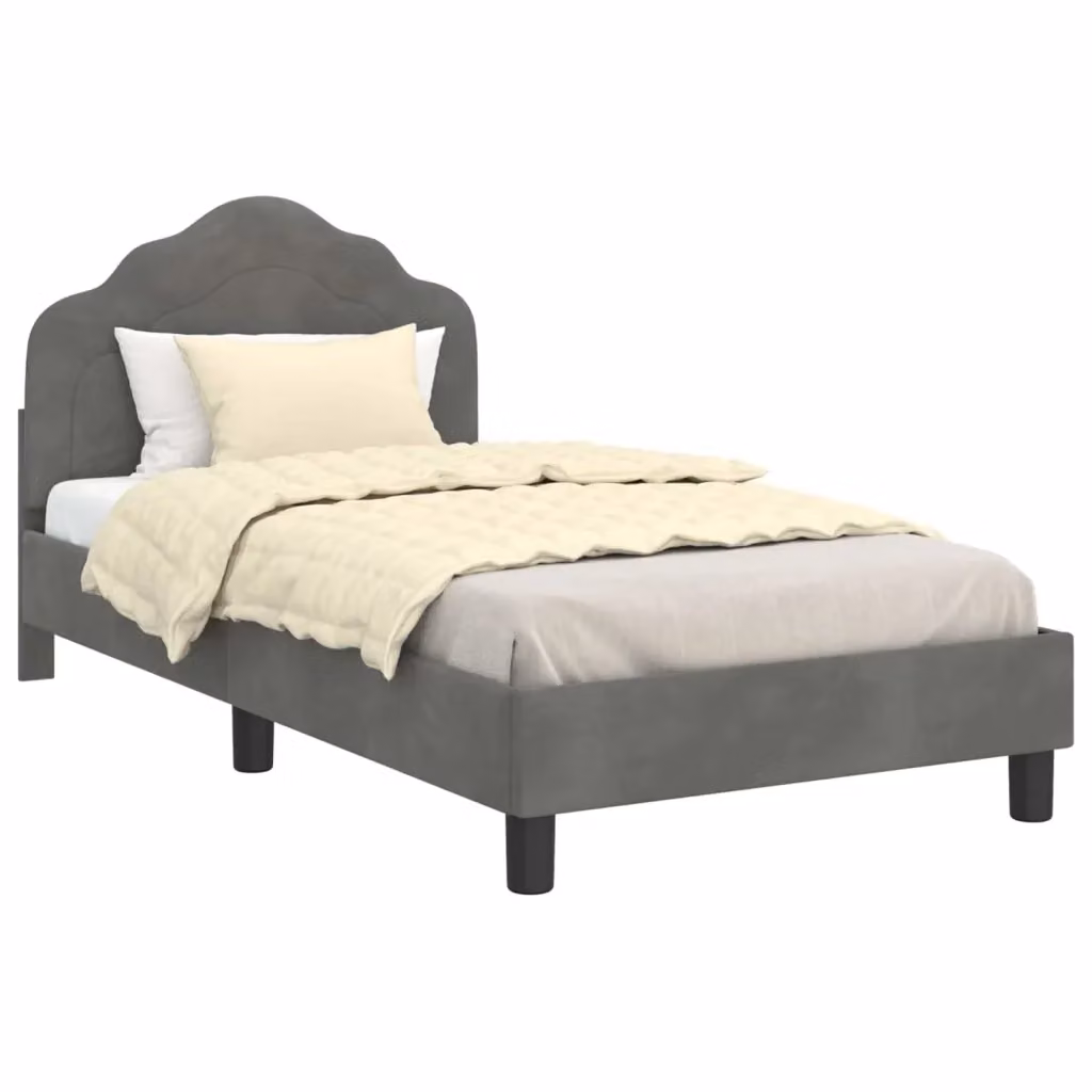 Struttura letto per bambini con testata e giroletto in tessuto velvet grigio, design minimalista, L 160 x P 80 x H 84 cm – 2