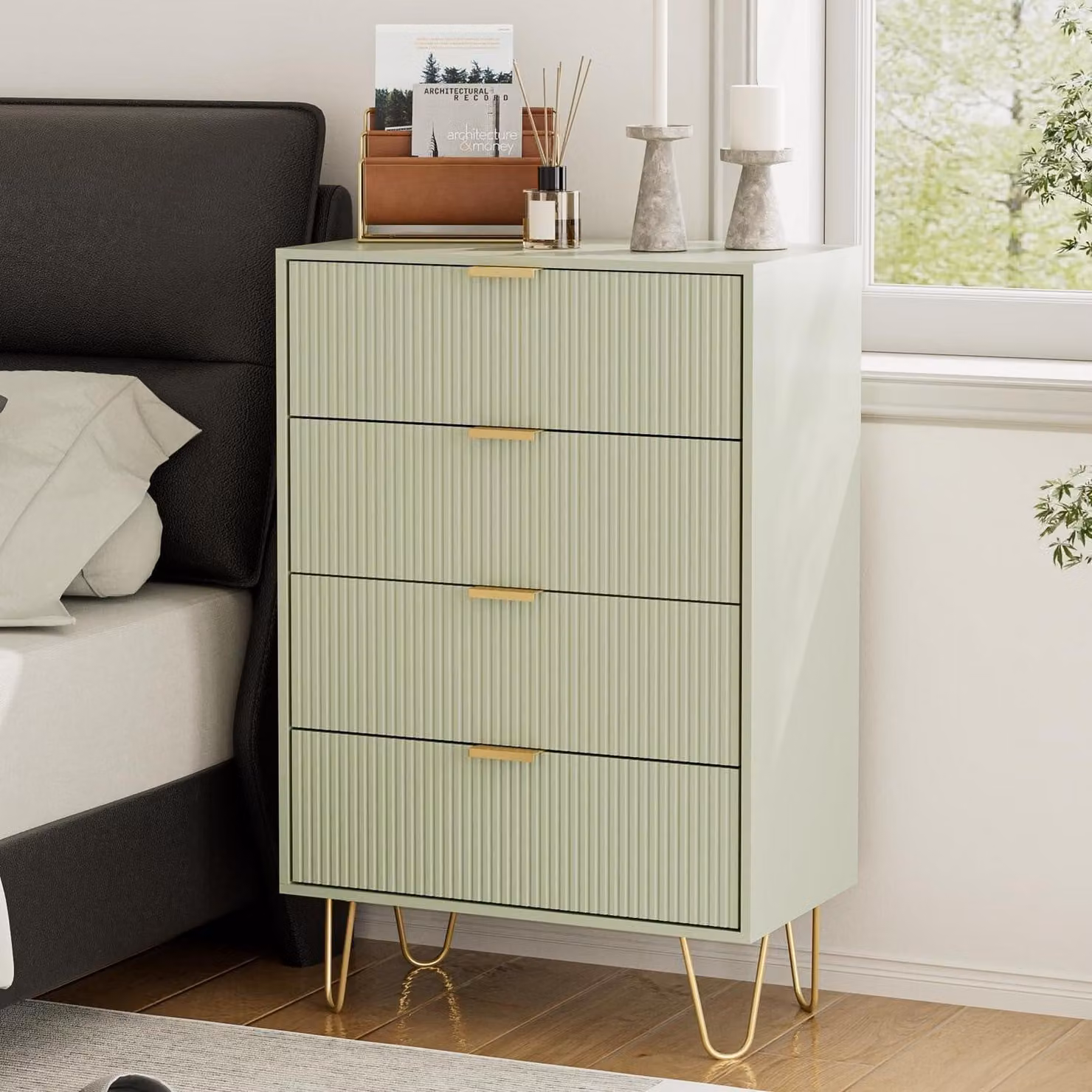 Comodino o mobiletto contenitore con 4 cassetti, dimensioni 34x60x91 cm, colore verde, realizzato in legno con gambe dorate