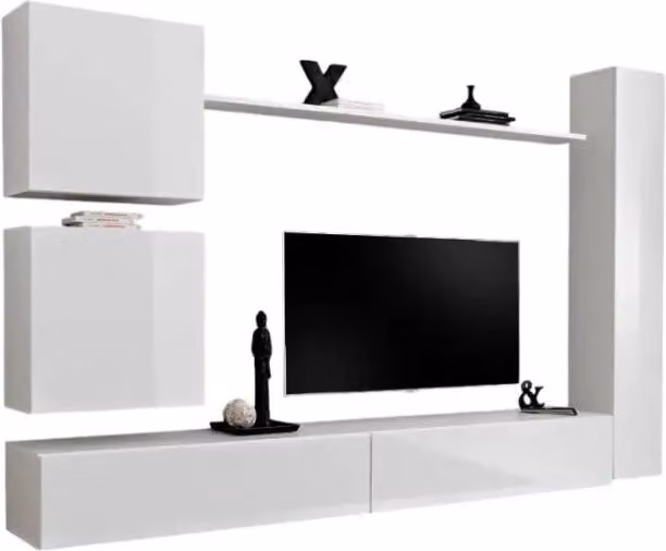 Composizione murale SWITCH VIII – Mobile TV da parete, colonna e cubi sospesi – Bianco lucido – Design moderno