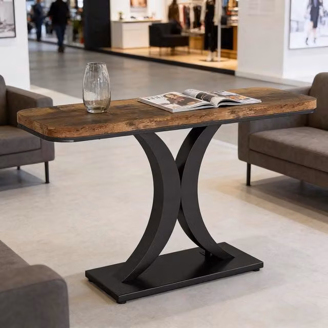 Consolle OKWISH in stile industriale con piano effetto legno marrone e base in metallo nero per ingresso e soggiorno, L: 100 cm, P: 29,5 cm – 1