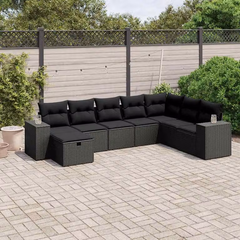 vidaXL Set Divani da Giardino a L con Cuscini 8 pz Nero in Polyrattan e Acciaio