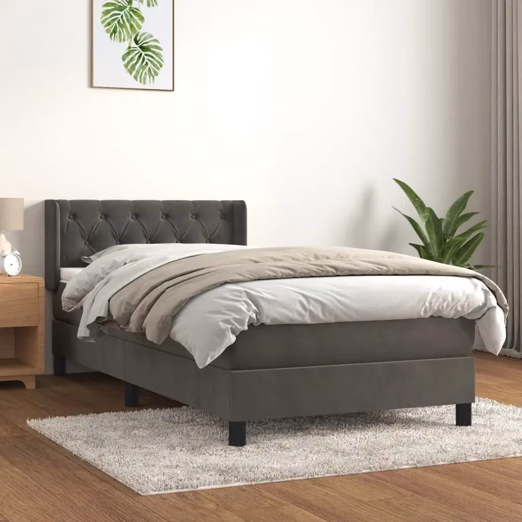 Letto singolo moderno con struttura in legno di larice e rivestimento in velluto grigio e bianco con materasso ibrido L/P/H: 80 x 200 x 40 cm – 2