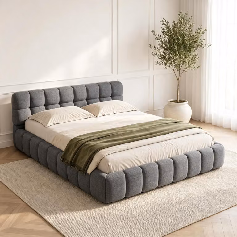 Letto imbottito INONEFT modello Bubble, 140x190 cm, letto matrimoniale con rete a doghe, letto per ragazzi con testiera e schienale imbottiti, tessuto in lino, colore grigio