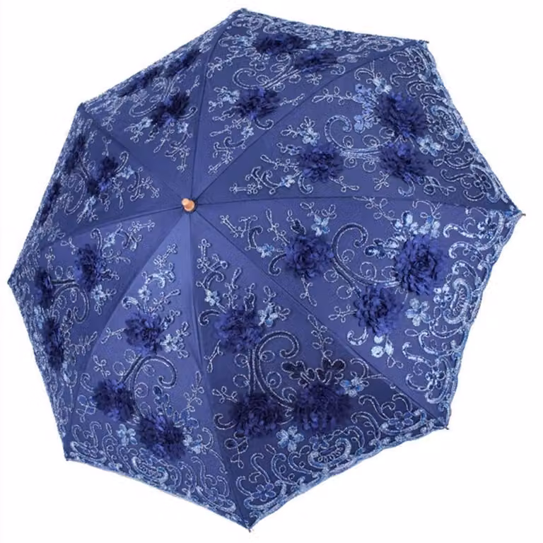 Ombrello pieghevole vintage, con pizzo, protezione UV, blu navy, diametro 85 cm