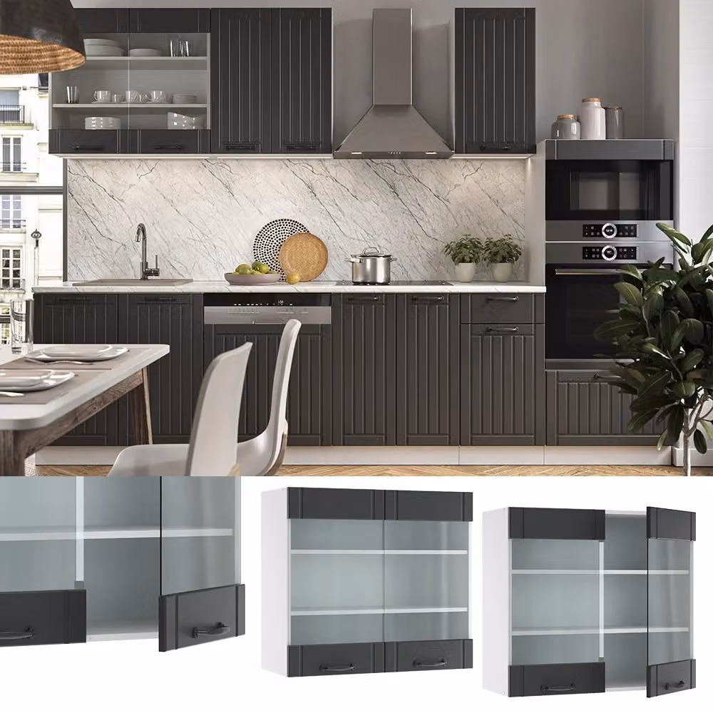 Pensile da cucina Vicco Fame-Line con ante in vetro, colore antracite e bianco, stile rustico, L: 80 cm – 2