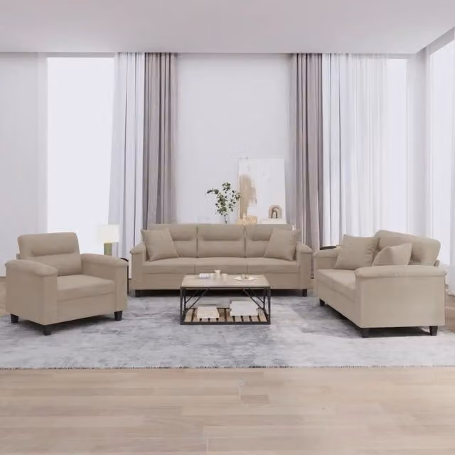 Set di divani 3 pezzi vidaXL in microfibra beige con cuscini per soggiorno moderno – 1