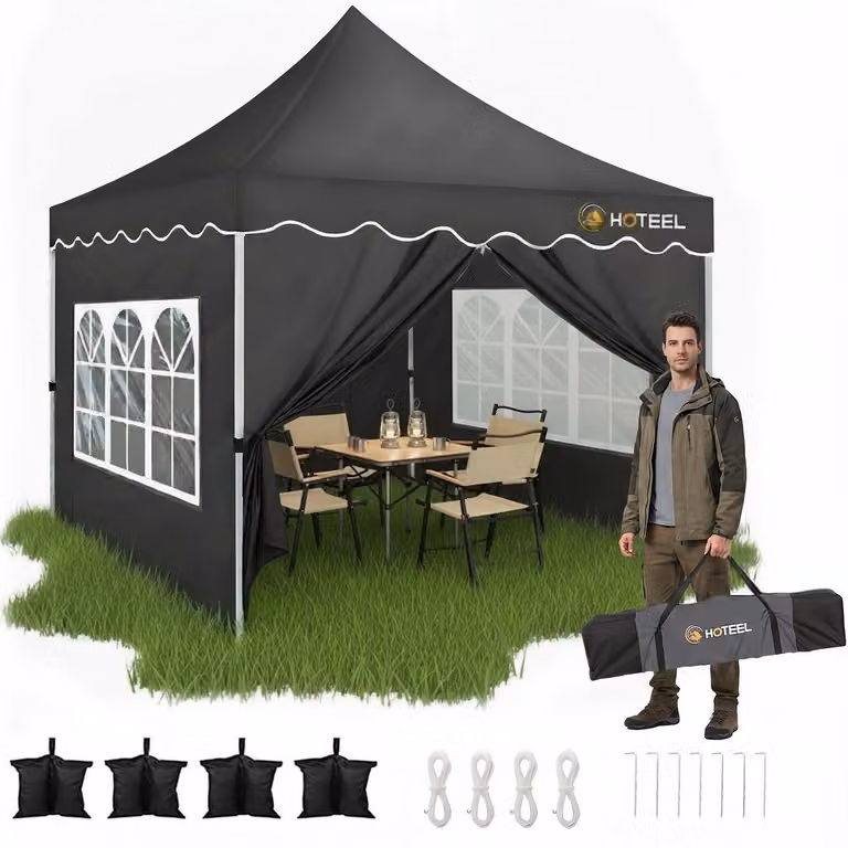Gazebo da esterno 3x3 metri, colore nero, impermeabile, con protezione UV 50+ e dotato di 4 pareti laterali