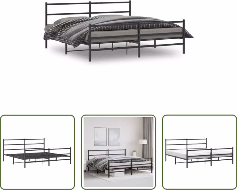 The Living Store Struttura letto con testiera e pediera in metallo nero 193x203 cm