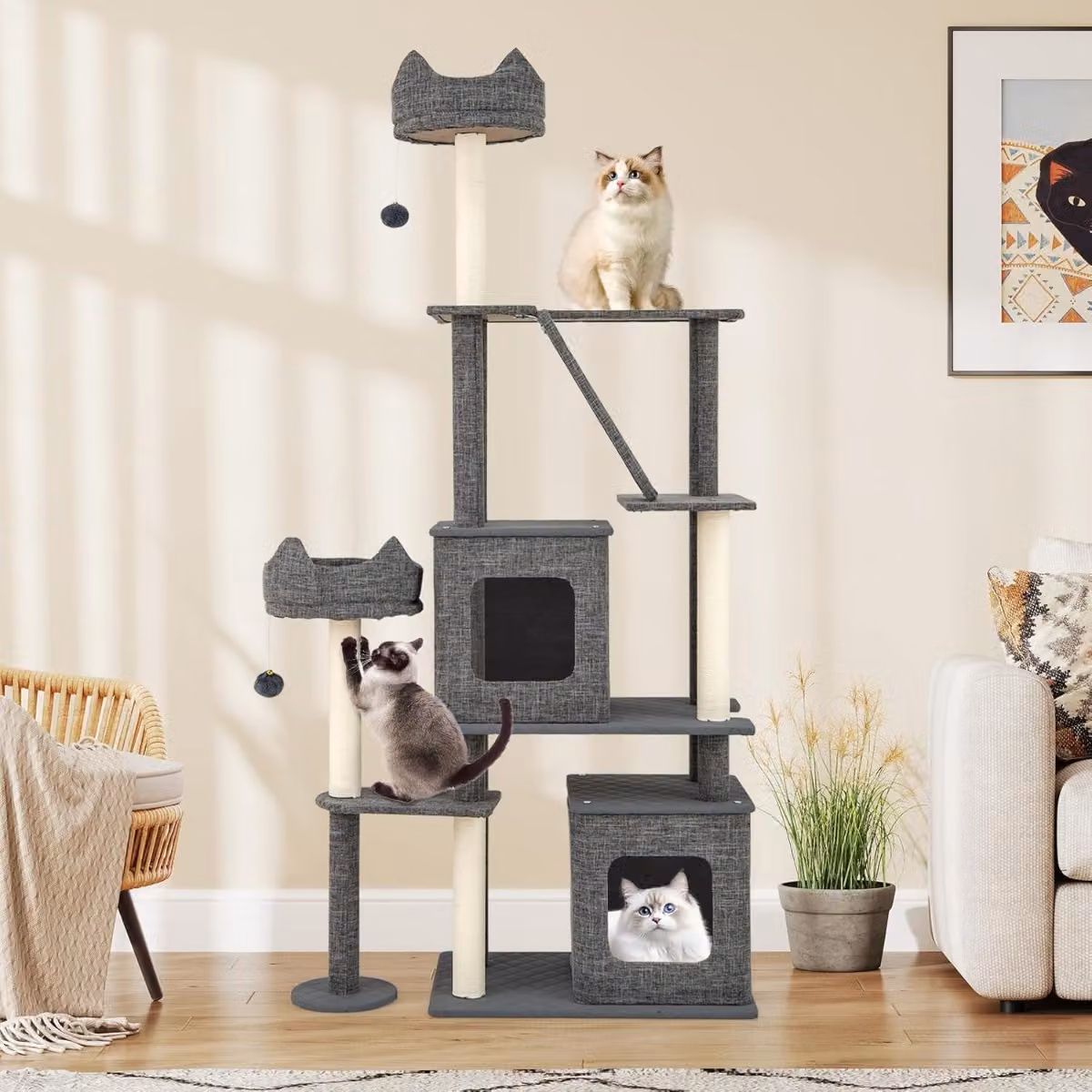Albero per gatti Costway grigio con torre multi-livello, 2 condomini rimovibili, tiragraffi in sisal sostituibile e giochi integrati, Altezza: 180 cm