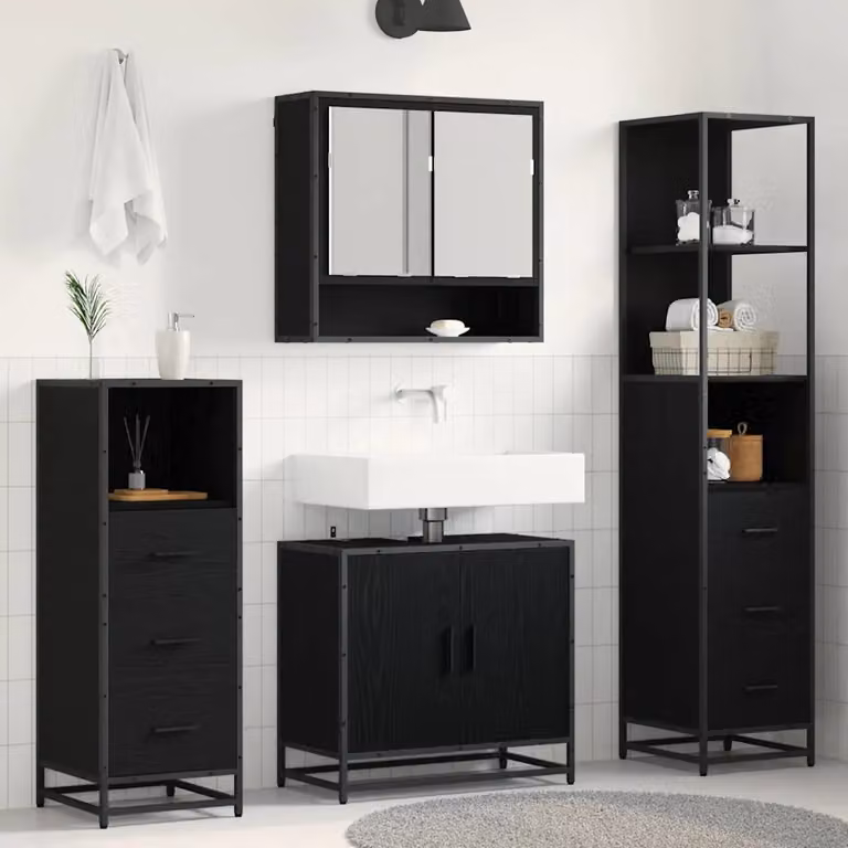 Set di mobili per il bagno moderno vidaXL in legno e metallo nero, composto da armadietto con specchio, mobile lavabo, mobile laterale e colonna alta, L/P/H: 65 x 33 x 60 cm
