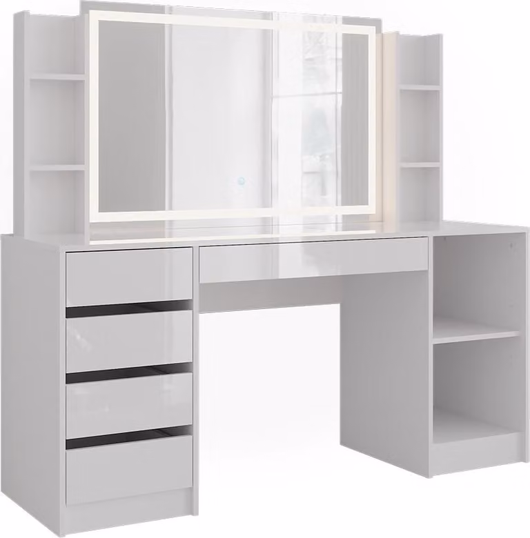 Tavolo da toeletta Vicco Sherry Bianco/Bianco lucido 158.2 cm con specchio a LED, Model 57656