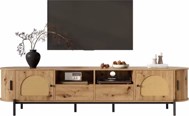 Mobile TV Ovale con Ante Scorrevoli in Rattan e Cassetto ¨C MINIMAL ¨C Legno e Metallo