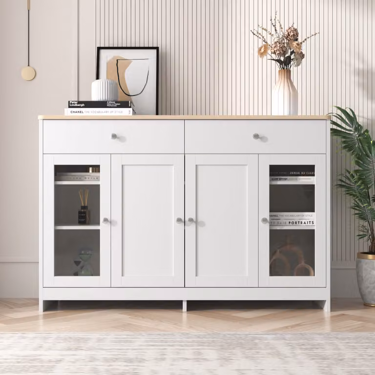 Cassettiere e credenze Fortuna Lai, in legno, bianche, con 4 ante e 2 cassetti. Mobile da soggiorno, vetrina buffet. Standard