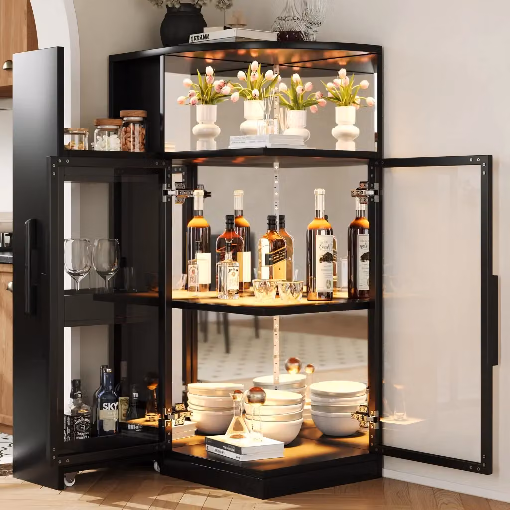 Vetrina FOLYNA con LED, ante in vetro temperato e mobile laterale estraibile, colore nero e trasparente, L: 64 cm, P: 42 cm, H: 112 cm – 2