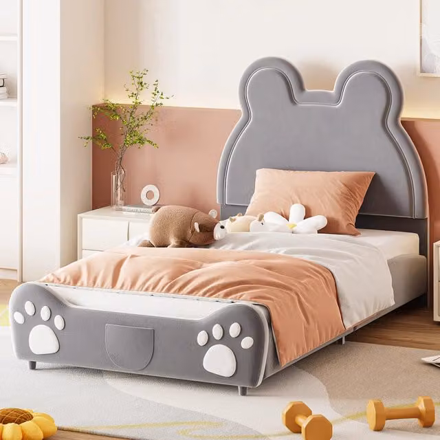 Desviae Letto per bambini imbottito a forma di orso 90 × 200 cm in velluto grigio con rete a doghe e struttura modulare