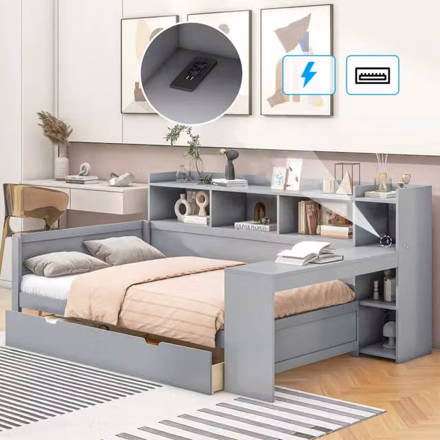 Letto 90x200 cm con scrivania; presa USB e 2 cassetti in truciolare e MDF