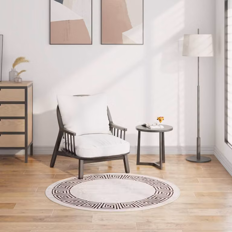 Tappeto rotondo lavabile vidaXL in poliestere con design geometrico moderno, colore beige e bianco, Diametro: 120 cm