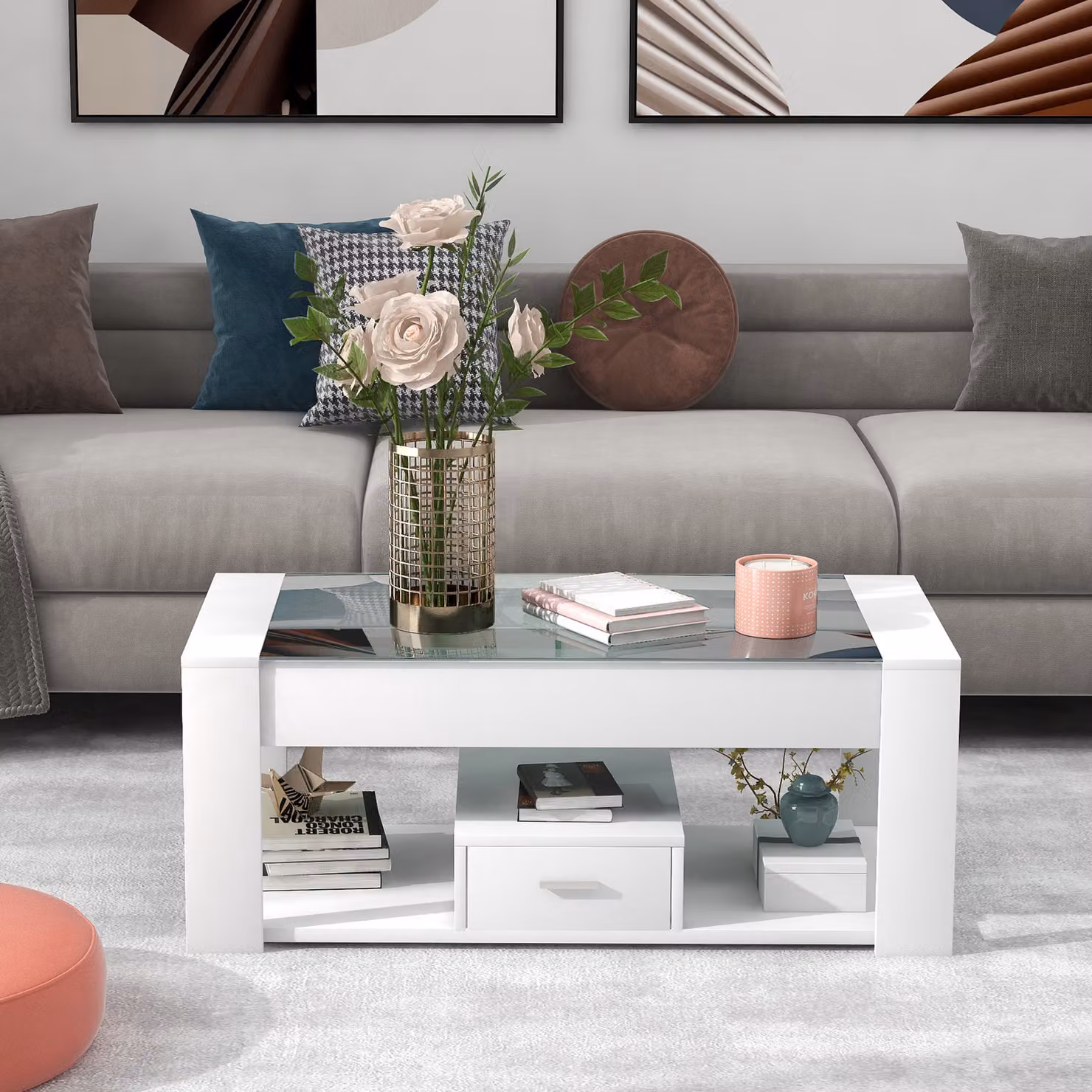Tavolino da salotto Sweiko con piano in vetro, armadietti e portaoggetti, bianco 100 x 50 x 40 cm