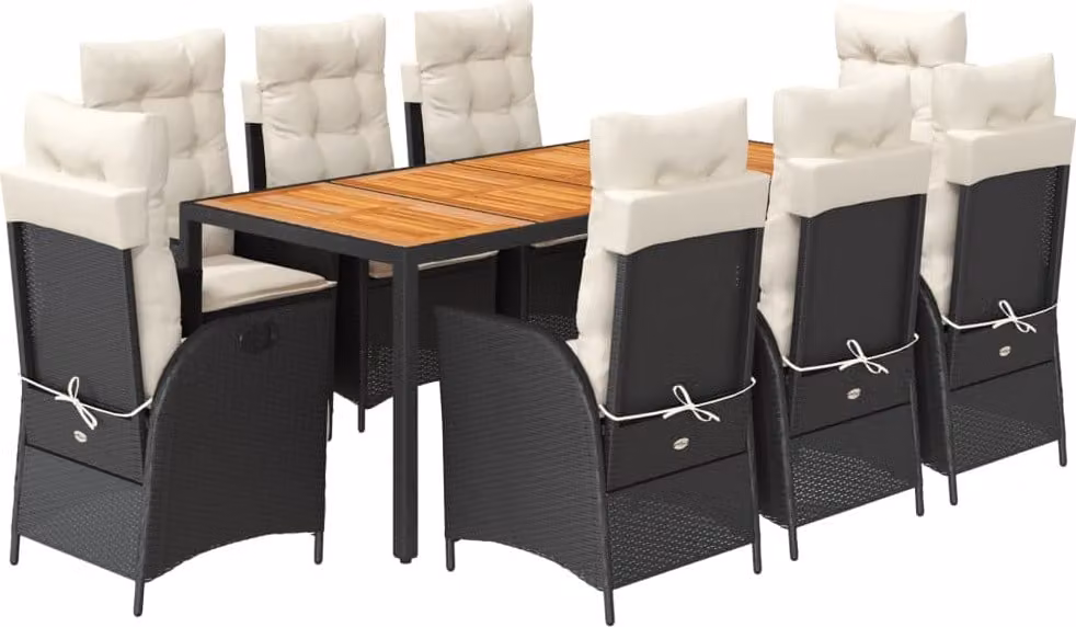 Set da Pranzo da Giardino 9 pz con Cuscini Nero in Polyrattan
