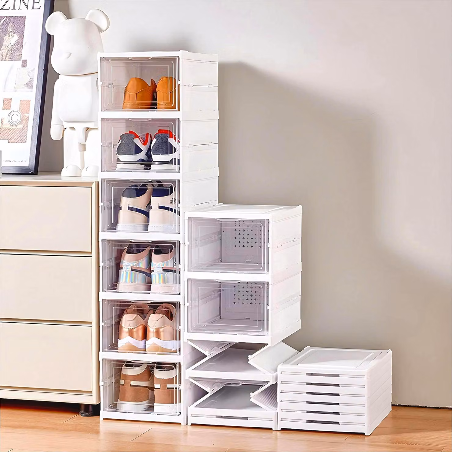 Scatole impilabili per scarpe, con ante trasparenti e aperture di ventilazione