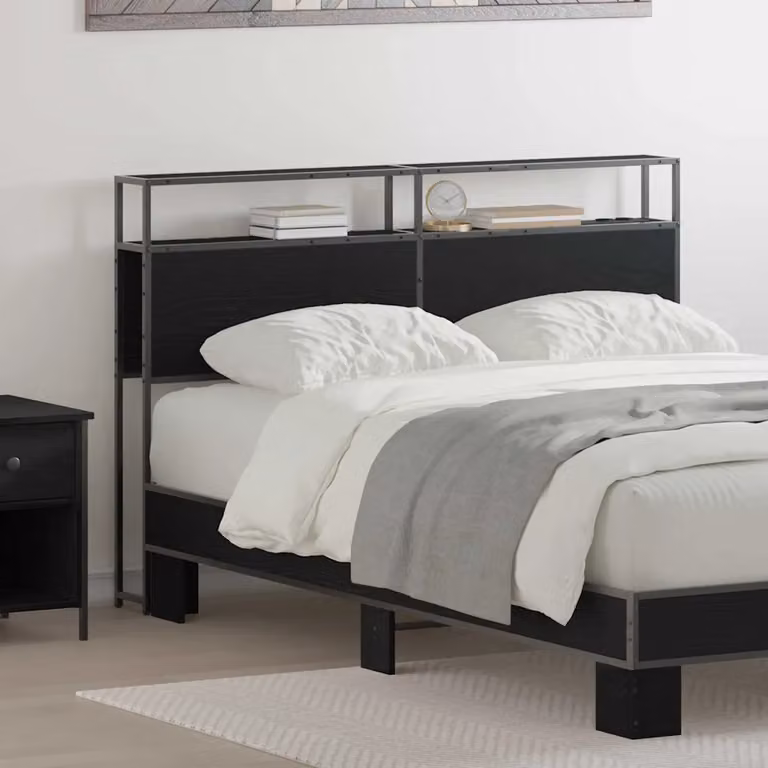 Testata letto con contenitore vidaXL in legno ingegnerizzato e metallo, colore nero opaco, con ripiano integrato e porta di ricarica USB, L: 138,0 cm x H: 98,0 cm x P: 17,47 cm