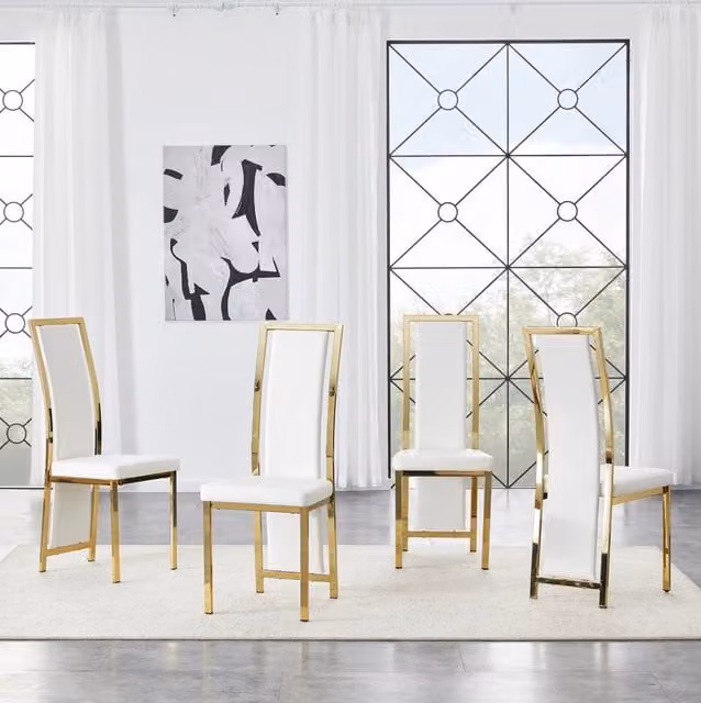 Set 4 sedie da pranzo moderne con bordo oro; 109 cm; in PU bianco e metallo dorato