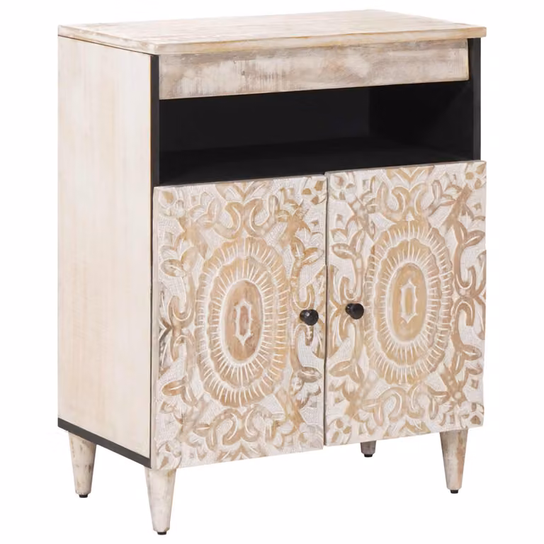 Credenza moderna vidaXL in legno di mango massello, Bianco e Nero, L 60 x P 33,5 x H 75 cm