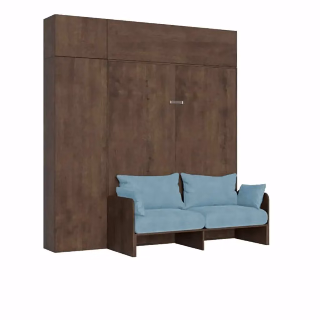 Letto matrimoniale a scomparsa Kentaro con divano e mobili, colore noce e azzurro, L/P/H: 250.5 x 160 x 233.6 cm – 2