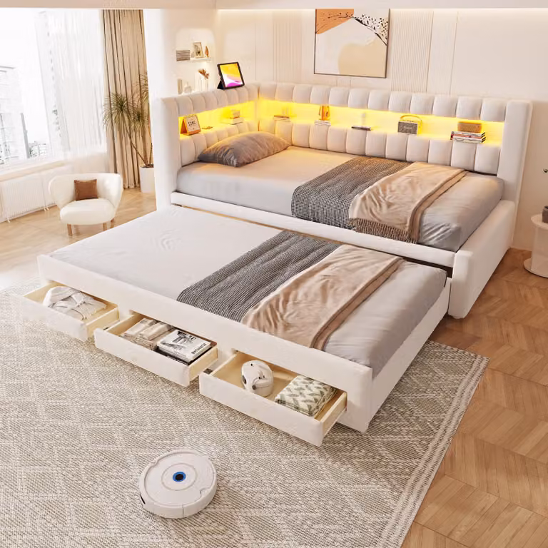 Divano letto Flieks 90x190 cm con letto estraibile, divano giorno con cassetti, letto imbottito per ragazzi con USB e porta di tipo C, divano letto in pelle, velluto, beige