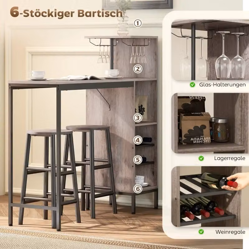 Set da bar OKWISH in stile industriale con tavolo rettangolare e 2 sgabelli, grigio, con ripiani laterali e portabottiglie, H: 122 cm, L: 121,5 cm, P: 40 cm – 2