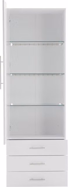Vetrina bianca in MDF lucido con LED, 60x35x180 cm, 3 cassetti e porta in acrilico trasparente