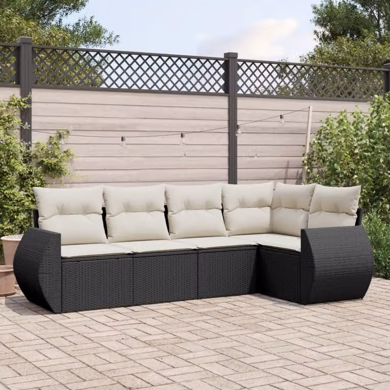 vidaXL Set Divani da Giardino a L 5 pz con Cuscini in Polyrattan e Struttura in Acciaio Nero e Bianco