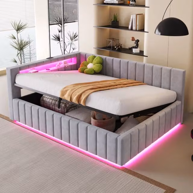 Letto imbottito REDOM in velluto grigio con contenitore, luci LED e porta USB, L/P/H: 140 x 200 x 78 cm