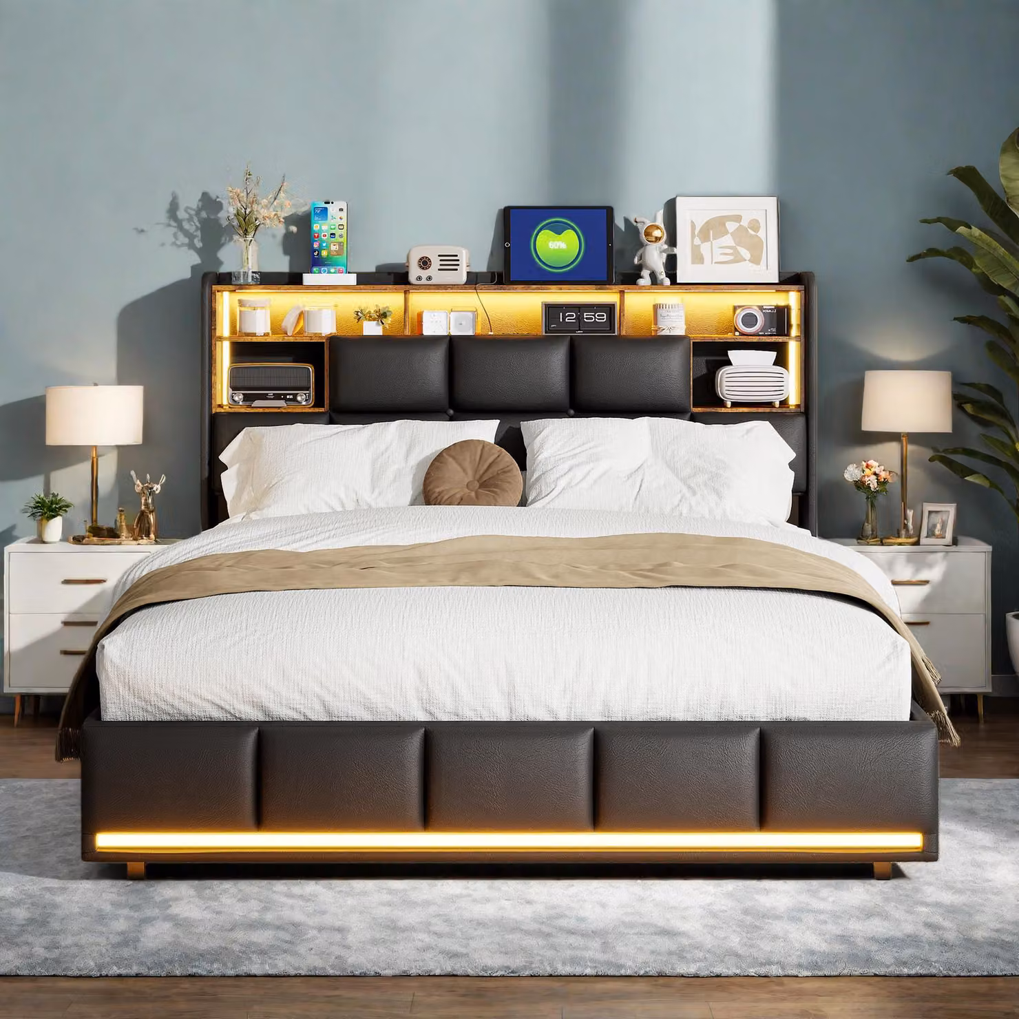 Letto imbottito INONEFT 140x200 con LED e USB, letto a molle con cassettone idraulico, letto per ragazzi con spazio contenitivo, testiera, materiale PU, colore nero
