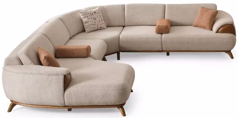 Divano angolare U-Form, colore beige, stile moderno, gambe in legno, braccioli imbottiti