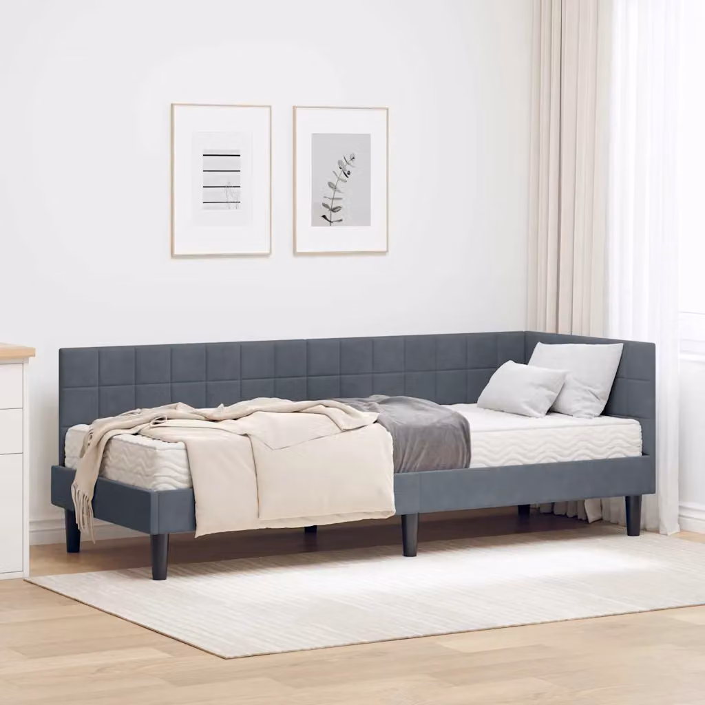 vidaXL Struttura Letto Angolare in Velluto Grigio con 2 Materassi in Schiuma L/P/H: 200 x 90 x 72 cm – 1
