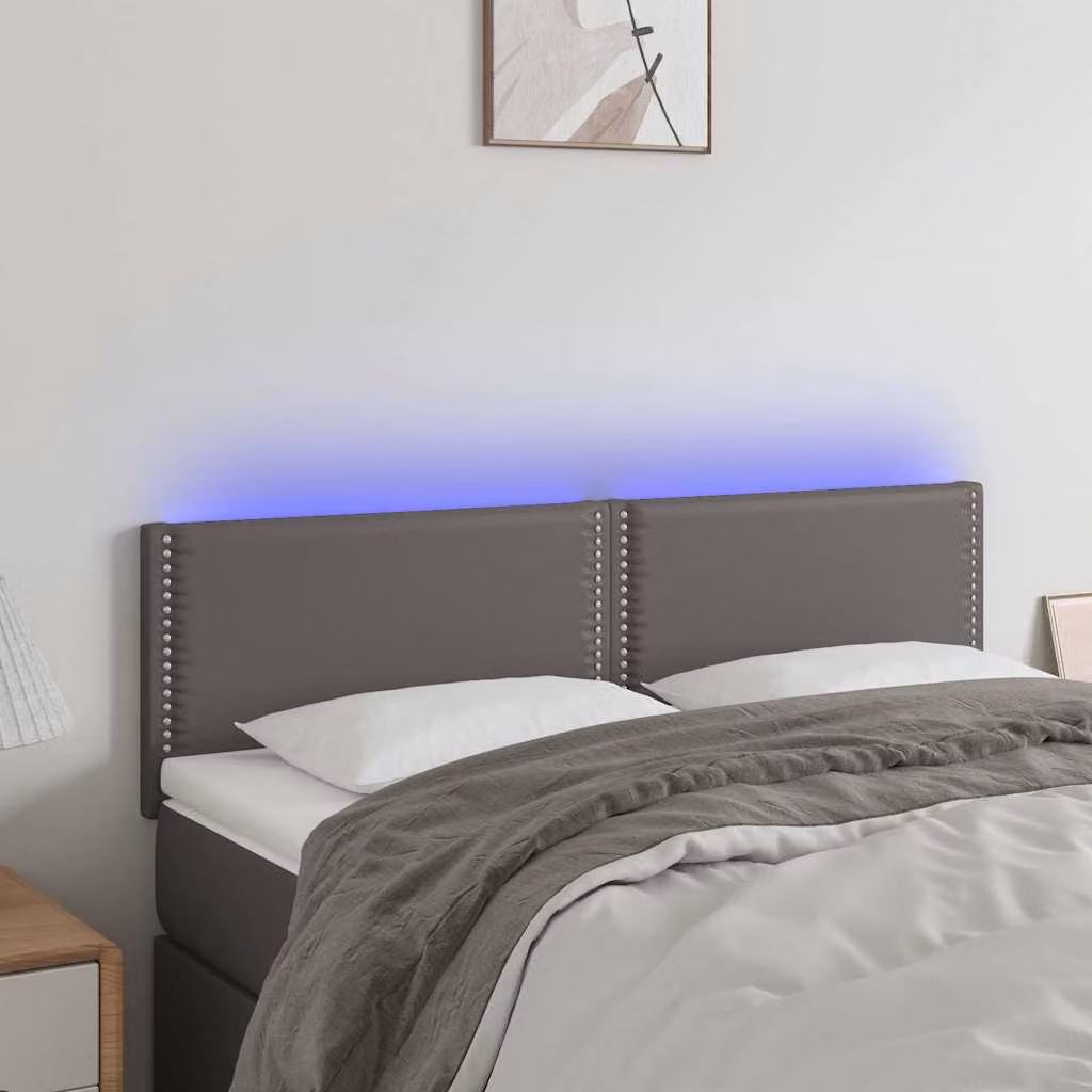 Testiera per letto vidaXL in similpelle grigia con illuminazione LED e porta di ricarica USB, L: 144 cm, P: 5 cm, H: 78-88 cm