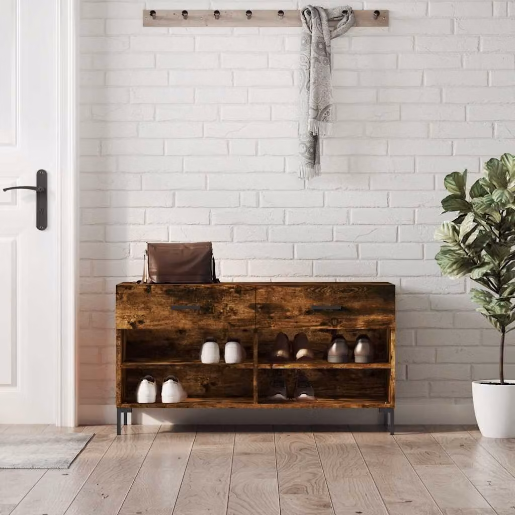 Panca porta scarpe vidaXL in legno e metallo stile industriale, colore rovere fumo, L 102 cm x P 35 cm x H 55 cm