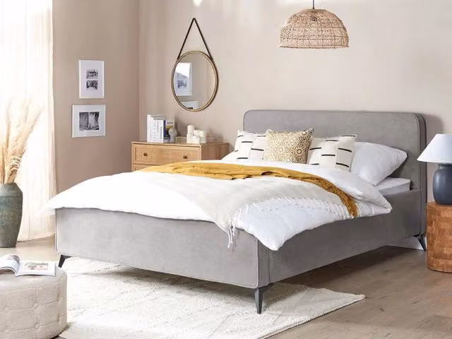 Letto Beliani Grigio con doghe in legno e struttura imbottita in tessuto, stile minimalista, L/P/H: 160 x 200 x 110 cm – 1