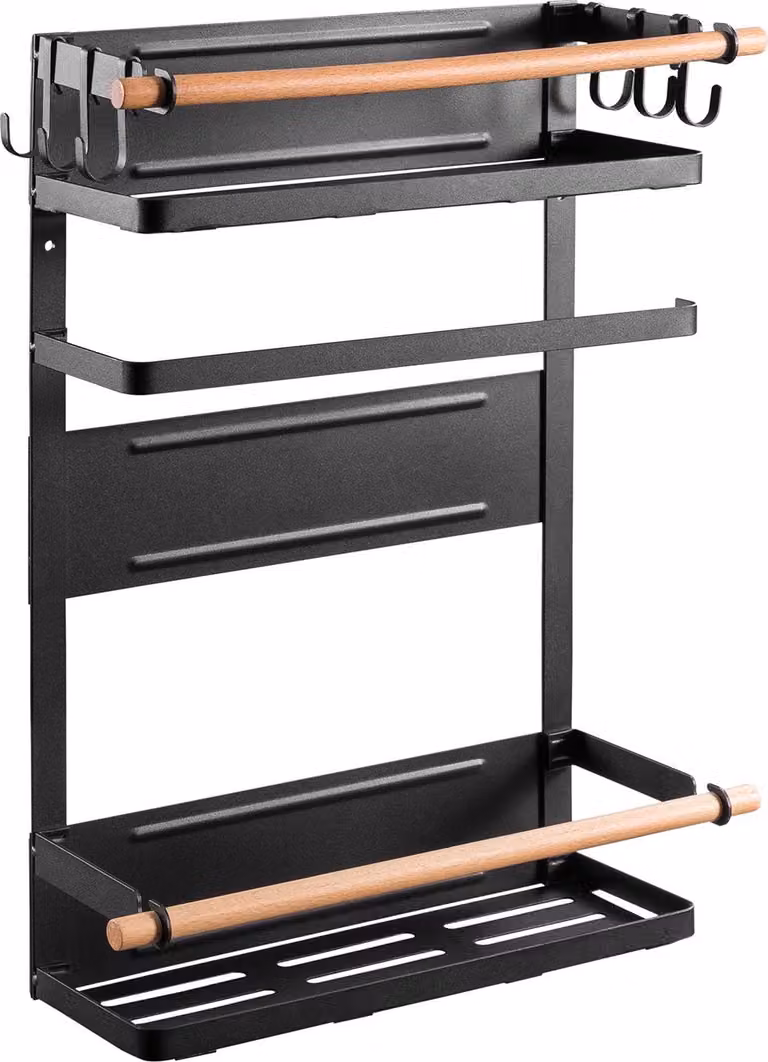 Scaffale magnetico per frigorifero / lavatrice con portarotolo e 6 ganci rimovibili Scaffale da appendere Porta asciugamani di carta fino a 12 kg Nero