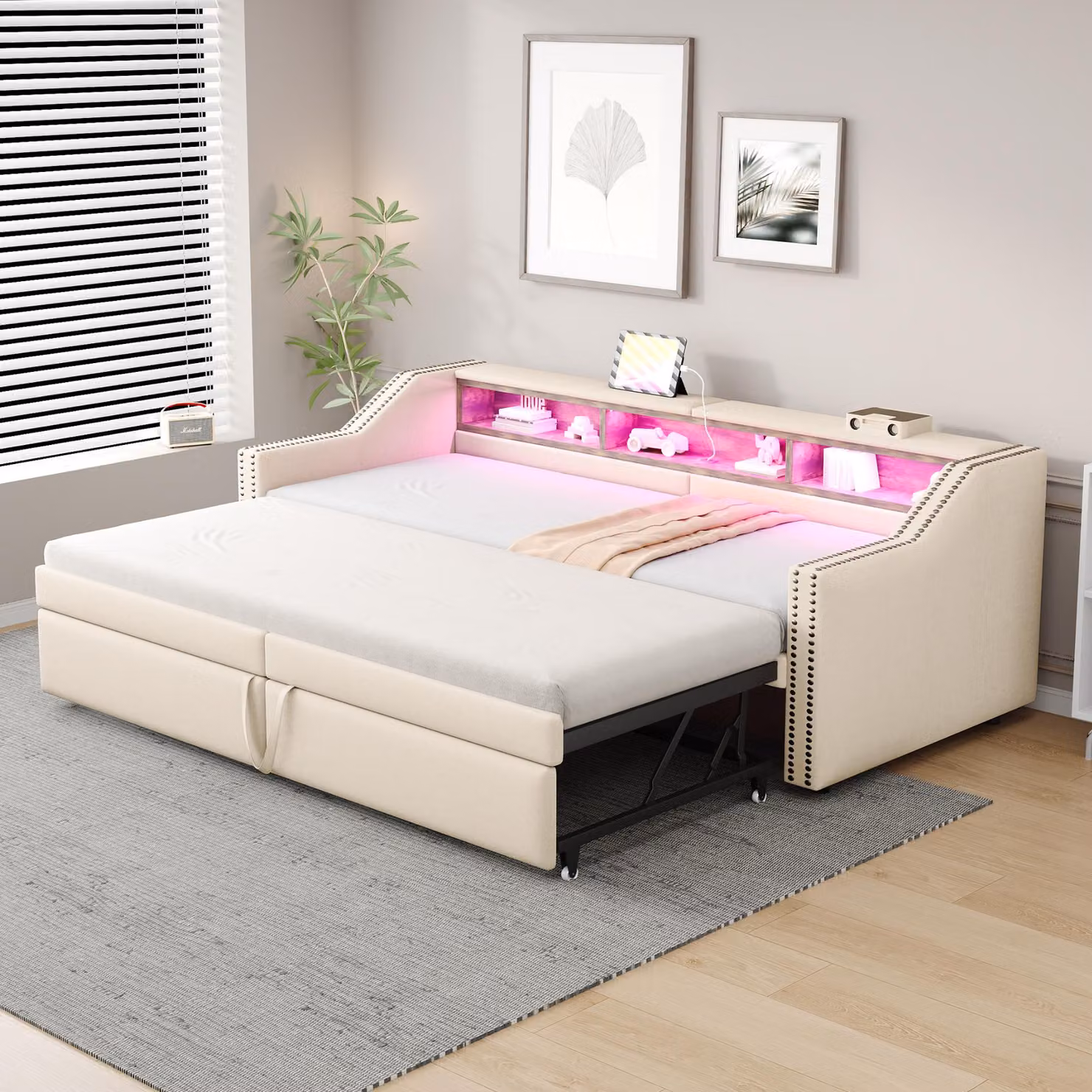 Letto imbottito Sweiko Divano letto allungabile 90/180 x 200 cm, contenitore multifunzionale, luce LED e presa USB, con rete a doghe, beige