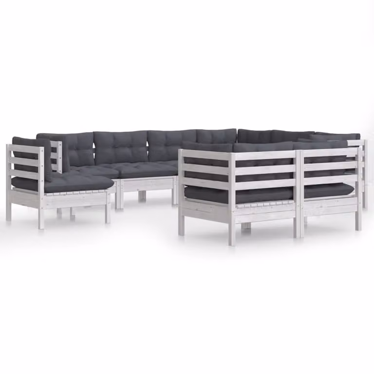 Set Divani da Giardino 9 pz con Cuscini Bianchi Legno di Pino