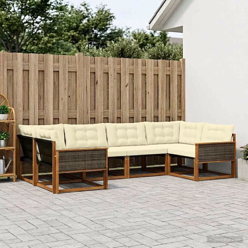 Set di divani da esterno vidaXL 6 pz in legno di acacia con cuscini, design moderno a L, colori naturale, beige e bianco