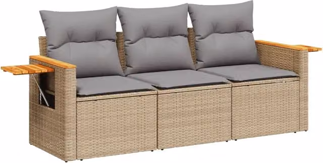 Set Divano da Giardino 3 pz | Set Salotto da Giardino con Cuscini Beige in Polyrattan