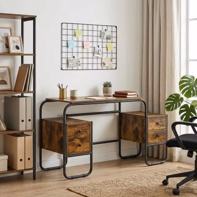 Scrivania con spazio di archiviazione vidaXL in stile industriale, colore marrone, L: 145 cm, P: 60 cm, H: 75 cm